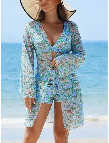 Bikini 3 Piece Swimsuit Palm Shorts Slim Backless Vacation Beach Wear Leaves V Neck Sleeveless Bathing Suits