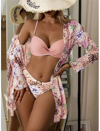 Swimwear Bikini Three Piece Cheeky Swimsuit Backless Slim Vacation Beach Wear V Neck Long Sleeve Bathing Suits