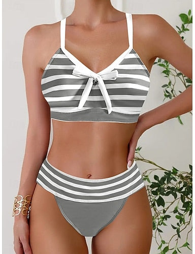 Bikini 2 Piece Swimsuit Cheeky Slim Backless Vacation Beach Wear Striped V Neck Sleeveless Bathing Suits
