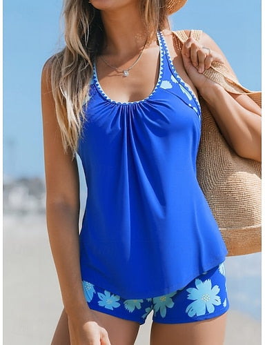 Swimwear Tankini 2 Piece Shorts Swimsuit Tummy Control High Waist Slim Backless Vacation Beach Wear U Neck Sleeveless Bathing Suits