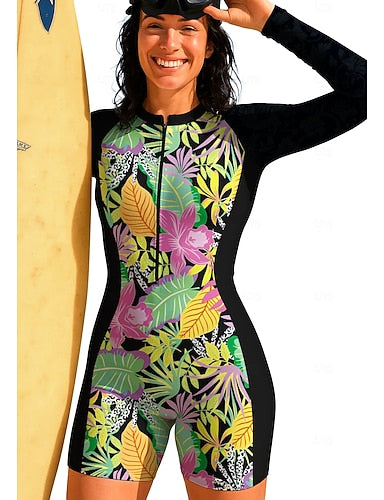Regular Rash Guard One Piece Surfing Suit Bathing Suit Tropical Folk Zip Up With Built in Bra Removable Pad Uv Sun Protection Upf50+ Ultra Light (ul) Long Sleeve Swimwear Sun Shirt