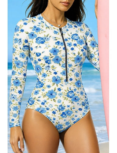 Standard Rash Guard Bathing Suit One Piece Swimsuit Tropical Color-blocking Zip Up With Built in Bra Upf50+ Uv Protection Stretchy Long Sleeve Swimwear Bodysuit Surfing Beach Water