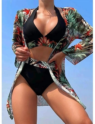 Bikini 3 Piece Swimsuit Palm Briefs Slim Backless Vacation Beach Wear Leaves Halter Neck Sleeveless Bathing Suits