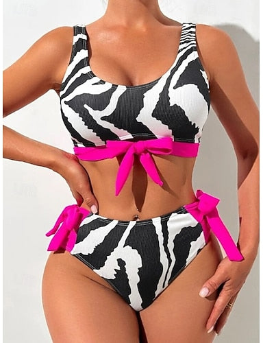 Bikini 2 Piece Swimsuit Underwire Leopard Briefs Slim Backless Vacation Beach Wear Zebra Print U Neck Sleeveless Bathing Suits