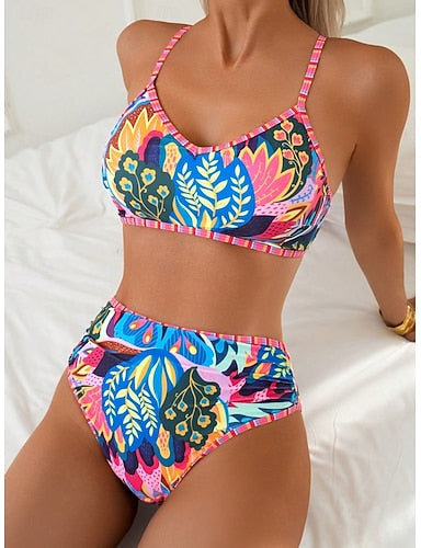 Swimwear Bikini 2 Piece Briefs Swimsuit Slim Backless Vacation Beach Wear Color Block Scoop Neck Sleeveless Bathing Suits