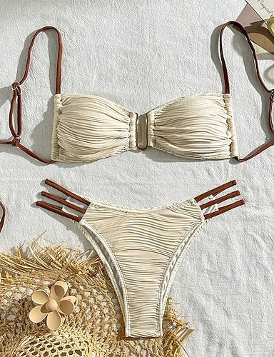 Swimwear 2 Piece Cheeky Swimsuit Backless Vacation Beach Wear Plain U Neck Sleeveless Bathing Suits