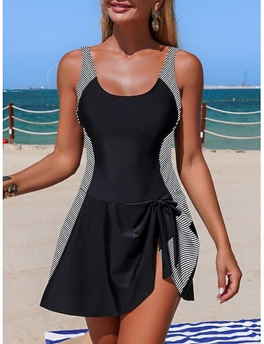 Swimwear One Piece Swim Dress Swimsuit Tummy Control High Waist Slim Backless Vacation Beach Wear Leopard Stripe Scoop Neck Sleeveless Bathing Suits