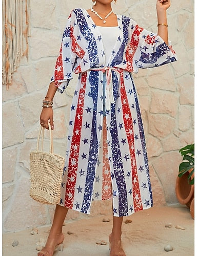 Swimwear Cover Up Swimsuit Vacation Beach Wear Flag V Neck Long Sleeve Bathing Suits