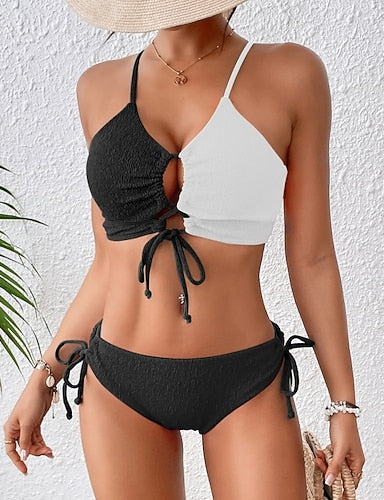 Standard Surfing Tankinis & Bikinis Bikini Sets Bathing Suit Color-blocking Drawstring Open Back Shirred Uv Protection Elastic Sleeveless Swimwear Surfing Diving Swimming Summer
