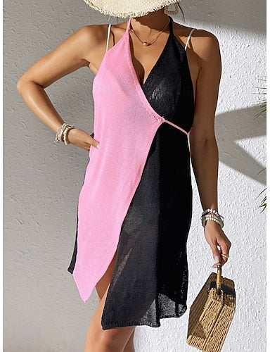 Cover Up Swimsuit Dress Patchwork Vacation Beach Wear Color V Neck Sleeveless Bathing Suits