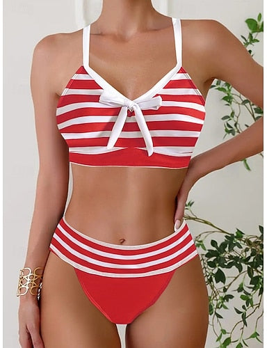 Bikini 2 Piece Swimsuit Cheeky Slim Backless Vacation Beach Wear Striped V Neck Sleeveless Bathing Suits