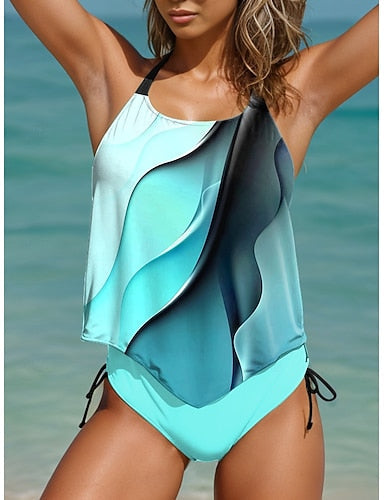 Tankini 2 Piece Swimsuit Cheeky Backless Vacation Beach Wear Ombre Halter Neck Sleeveless Bathing Suits