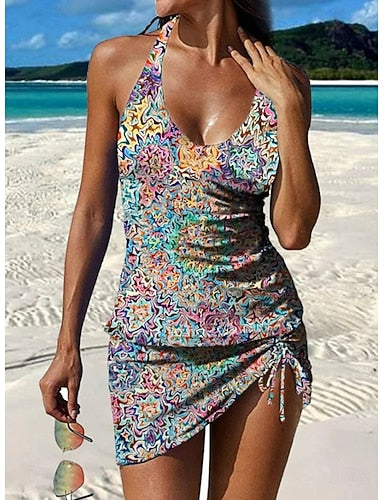 Swimwear Tankini Skirt Swimsuit Halter Vacation Graphic V Neck Sleeveless Bathing Suits