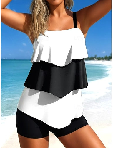 Tankini 2 Piece Swimsuit Colorblock High Waist Ruffle Layered Backless Vacation Beach Wear Ombre Graphic U Neck Sleeveless Bathing Suits