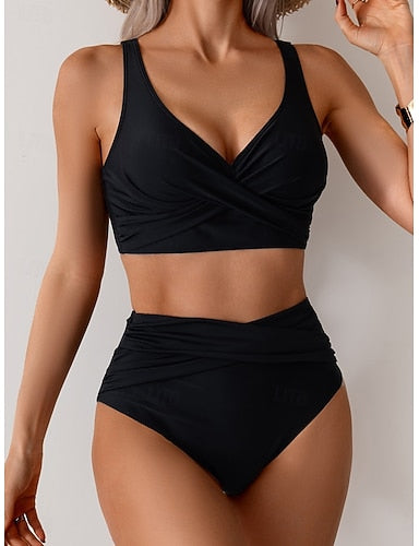 Swimwear Bikini 2 Piece Swimsuit Ruched Backless Vacation Beach Wear Plain V Neck Sleeveless Bathing Suits