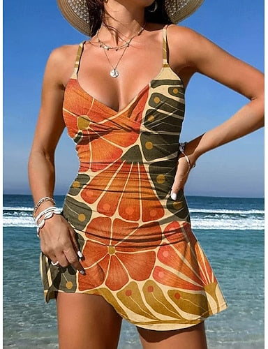 Swimwear One Piece Skirt Swimsuit Vacation Graphic V Neck Sleeveless Bathing Suits
