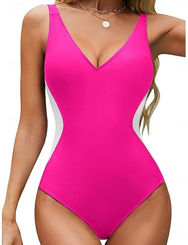 One Piece Swimsuit Slimming Colorblock Dress Tummy Control High Waist Slim Backless Vacation Beach Wear Color Block V Neck Sleeveless Bathing Suits