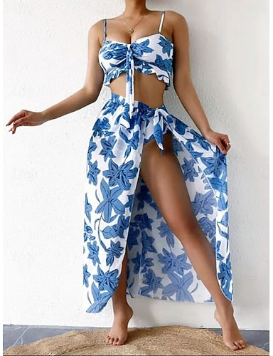 Swimwear Bikini Three Piece Briefs Swimsuit Ruched Vacation Beach Wear Graphic V Neck Sleeveless Bathing Suits