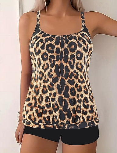 Swimwear 2 Piece Briefs Swimsuit Backless Vacation Beach Wear Graphic Leopard Round Neck Sleeveless Bathing Suits