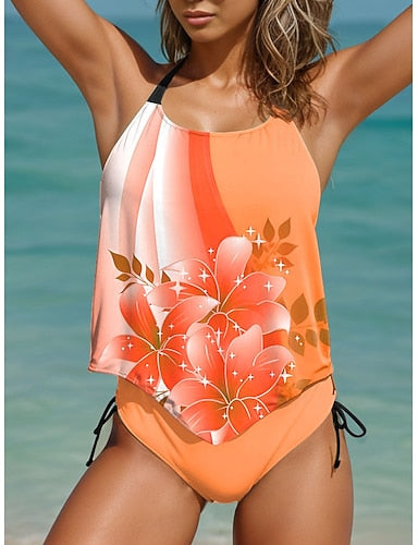 Tankini 2 Piece Swimsuit Cheeky Backless Vacation Beach Wear Ombre U Neck Sleeveless Bathing Suits