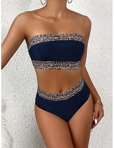 Swimwear Bikini 2 Piece Cheeky Swimsuit Slim Backless Vacation Beach Wear Color Leopard Strapless Sleeveless Bathing Suits