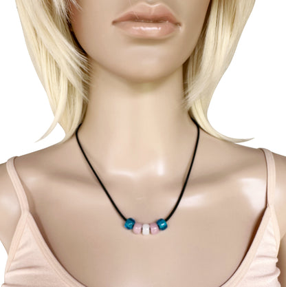 Transgender Pride/trans Ally Necklace With Czech Glass Beads on Black Rubber Cord, 18 Inches