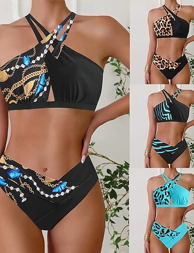 Swimwear 2 Piece Cheeky Swimsuit Cut Out Backless Vacation Beach Wear Leopard Halter Neck Sleeveless Bathing Suits