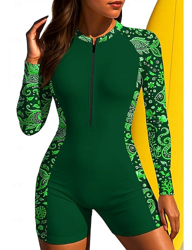Regular Rash Guard Bathing Suit Boyleg Tropical Zip Up Removable Pad Front Zip Uv Sun Protection Upf50+ Ultra Light (ul) Long Sleeve Swimwear Sun Shirt Surfing Beach Water Sports Summer