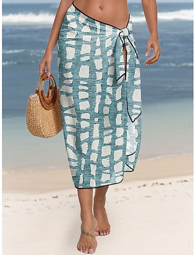 Cover Up Swimsuit Wrap Skirt Vacation Geometic Sleeveless Bathing Suits