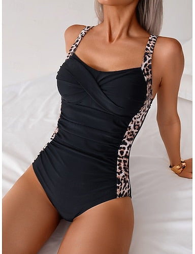 One Piece Swimsuit Slimming Ruched Leopard Monokini Briefs Slim Backless Vacation Color V Wire Sleeveless Bathing Suits