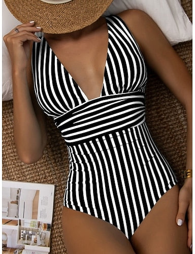 One Piece Swimsuit Slimming Colorblock Monokini Tummy Control High Waist Slim Backless Vacation Beach Wear Striped V Neck Sleeveless Bathing Suits