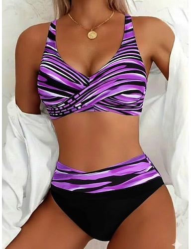 Bikini 2 Piece Swimsuit High Waist Vacation Graphic Striped V Neck Sleeveless Bathing Suits