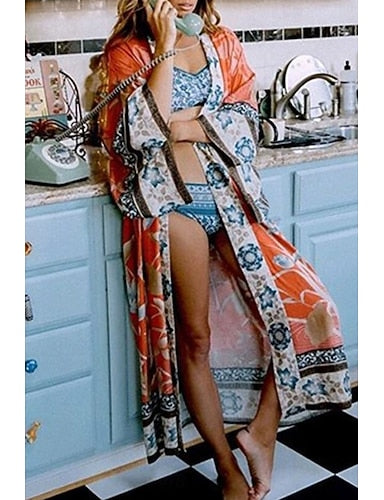 Swimwear Cover Up Swimsuit Tie Front Tropical Beach Wear Flower V Wire Long Sleeve Bathing Suits