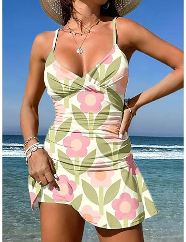 Swimwear One Piece Skirt Swimsuit Vacation Graphic V Neck Sleeveless Bathing Suits