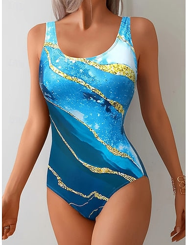 One Piece Swimsuit Slimming Monokini High Cut Tummy Control High Waist Slim Backless Vacation Graphic Geometric U Neck Sleeveless Bathing Suits