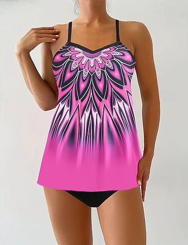Swimwear 2 Piece Cheeky Swimsuit Backless Vacation Beach Wear Graphic Round Neck Sleeveless Bathing Suits