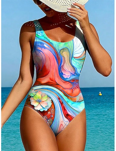 Swimwear One Piece High Cut Swimsuit Beach Wear Summer Graphic Geometic U Neck Sleeveless Bathing Suits