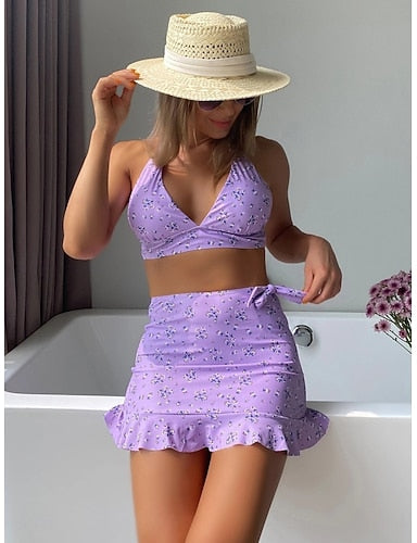 Bikini 3 Piece Swimsuit With Skirt Skirt Slim Backless Vacation Beach Wear Halter Neck Sleeveless Bathing Suits