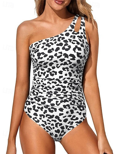 One Piece Swimsuit One Shoulder Swimwear Leopard Print Swimwear White Blue Breathable Quick Dry Sleeveless - Swimming Surfing Snorkeling Summer