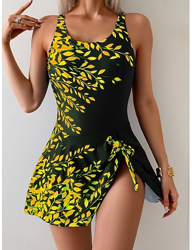 One Piece Swimsuit With Skirt Monokini High Cut Tummy Control High Waist Slim Backless Vacation Graphic U Neck Sleeveless Bathing Suits