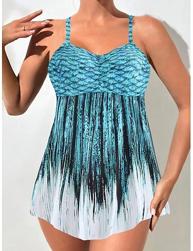 Tankini 2 Piece Swimsuit Palm Boy Leg Tummy Control High Waist Slim Backless Vacation Beach Wear Sunflower V Neck Sleeveless Bathing Suits