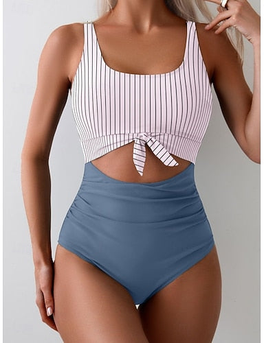 One Piece Swimsuit Cutout Monokini Tummy Control High Waist Slim Backless Vacation Beach Wear Polka Dot Color Block U Neck Sleeveless Bathing Suits