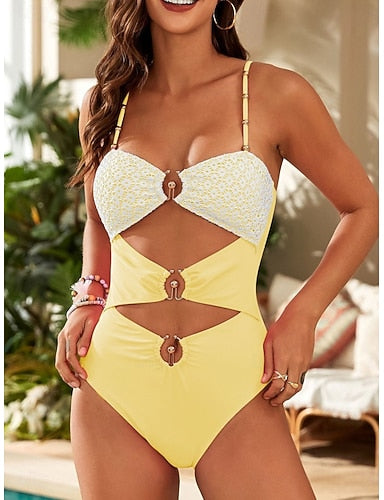 One Piece Swimsuit Ruched Cutout Monokini High Waist Lace Tummy Control High Waist Backless Vacation Beach Wear Color Block V Neck Sleeveless Bathing Suits