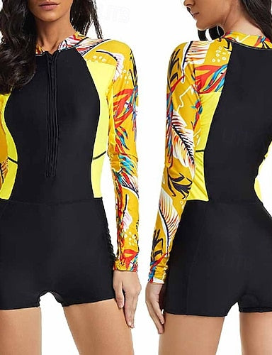 Tankini 2 Piece Swimsuit Zip Front Palm Shorts Tummy Control High Waist Slim Backless Vacation Beach Wear Round Neck Long Sleeve Bathing Suits