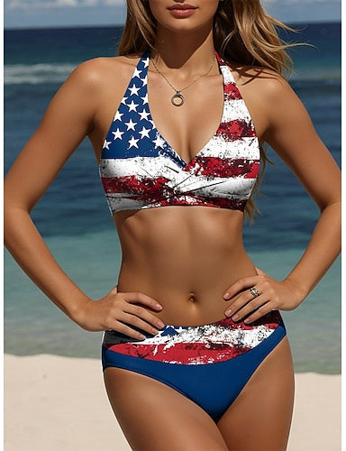 Independence Day American Swimwear One Piece High Cut Swimsuit Beach Wear Summer Graphic Flag U Neck Sleeveless Bathing Suits