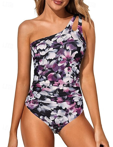One Piece Swimsuit One Shoulder Swimwear Leopard Print Swimwear White Blue Breathable Quick Dry Sleeveless - Swimming Surfing Snorkeling Summer