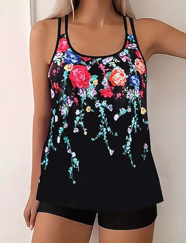 Swimwear 2 Piece Shorts Swimsuit Backless Vacation Beach Wear U Neck Sleeveless Bathing Suits