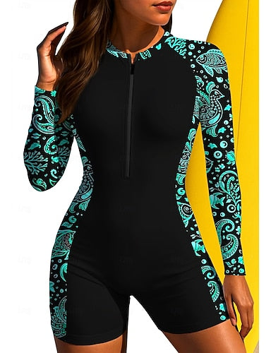 Regular Rash Guard Bathing Suit Boyleg Tropical Zip Up Removable Pad Front Zip Uv Sun Protection Upf50+ Ultra Light (ul) Long Sleeve Swimwear Sun Shirt Surfing Beach Water Sports Summer