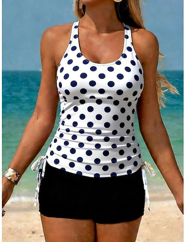 Swimwear Tankini 2 Piece High Waist Swimsuit Tummy Control High Waist Slim Backless Vacation Beach Wear Polka Dot U Neck Sleeveless Bathing Suits