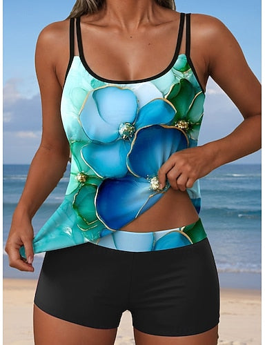 Tankini 2 Piece Swimsuit Boy Leg Backless Vacation Beach Wear Ombre U Neck Sleeveless Bathing Suits